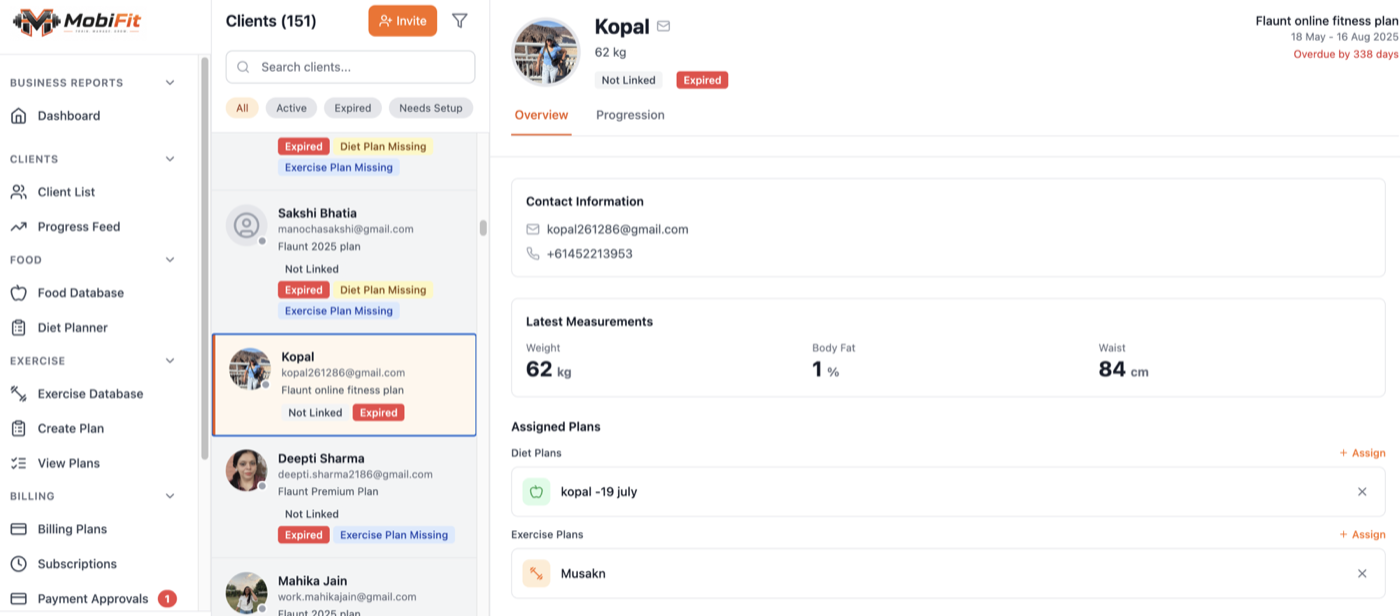 MobiFit client management screen showing client list and details