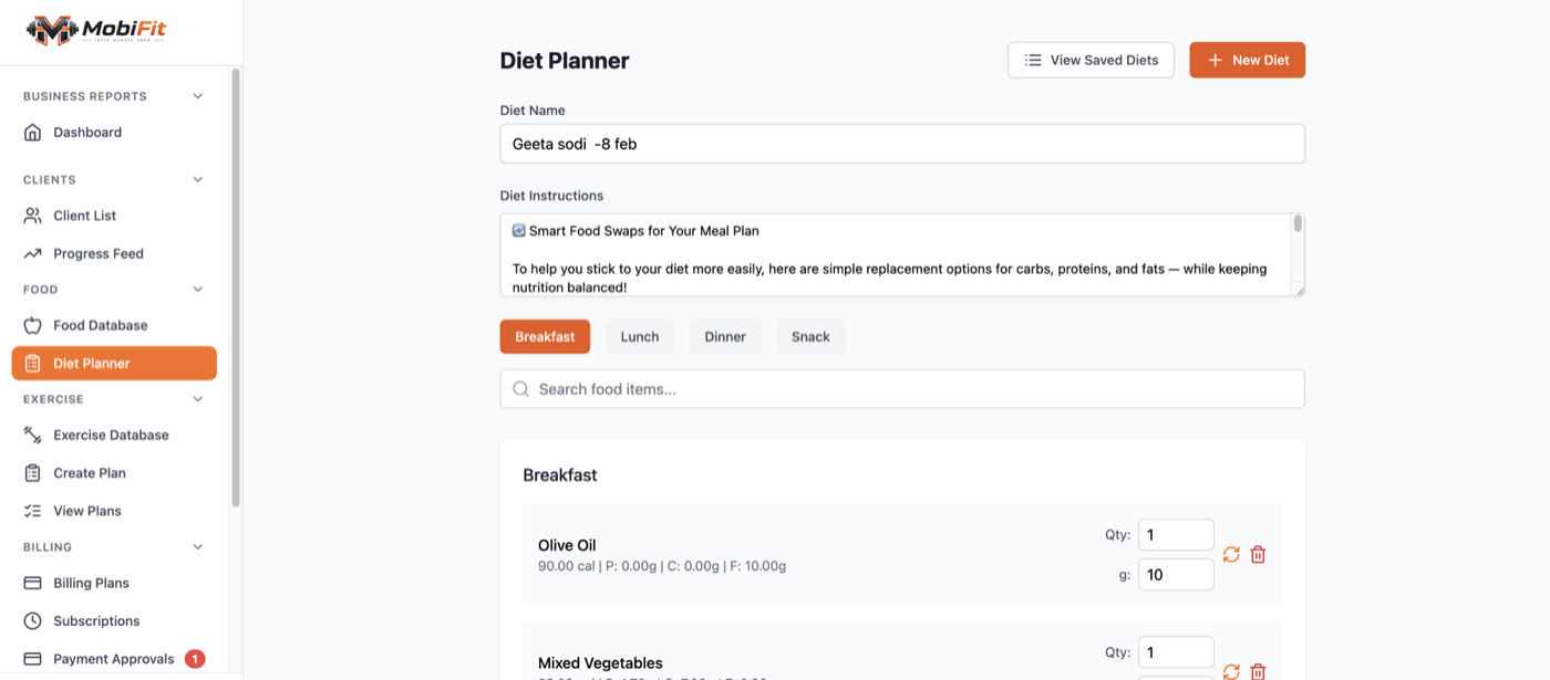 MobiFit nutrition plan builder screen with food database