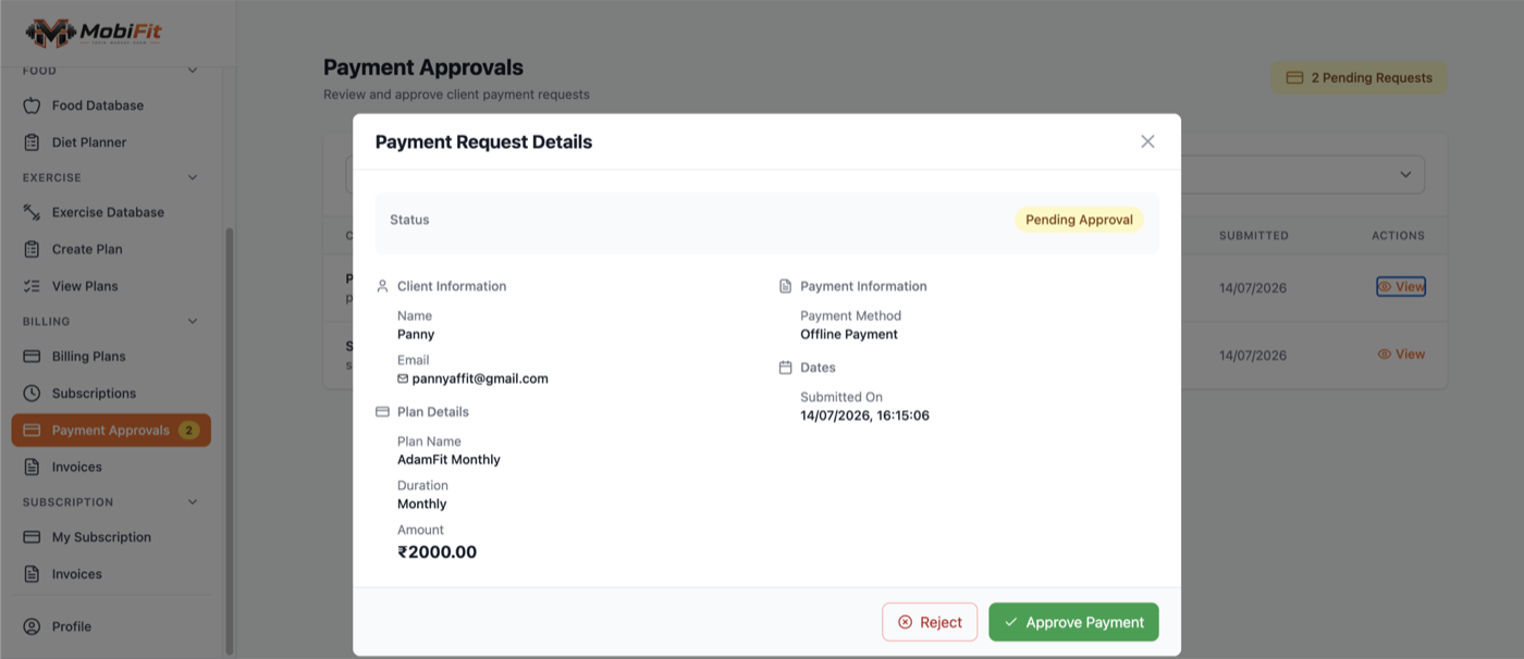 MobiFit payment approval screen showing a pending payment request