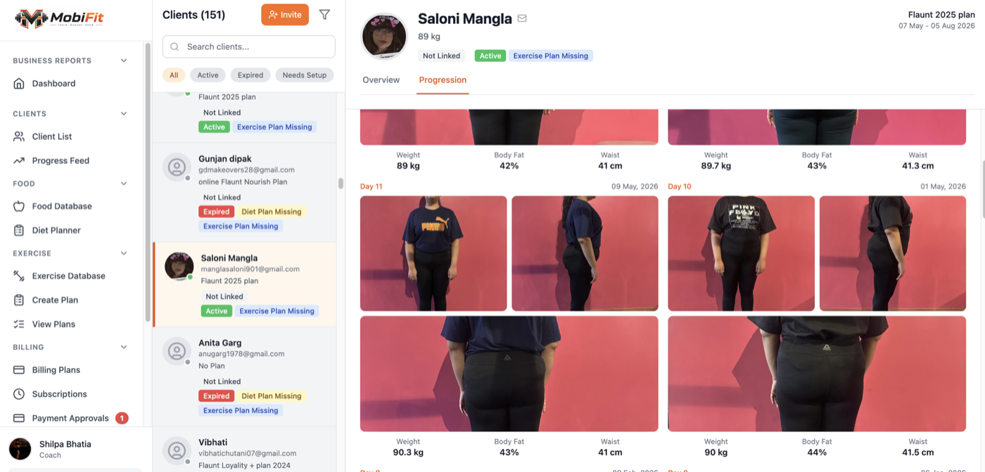 MobiFit progress tracking screen with before and after client photos and measurements