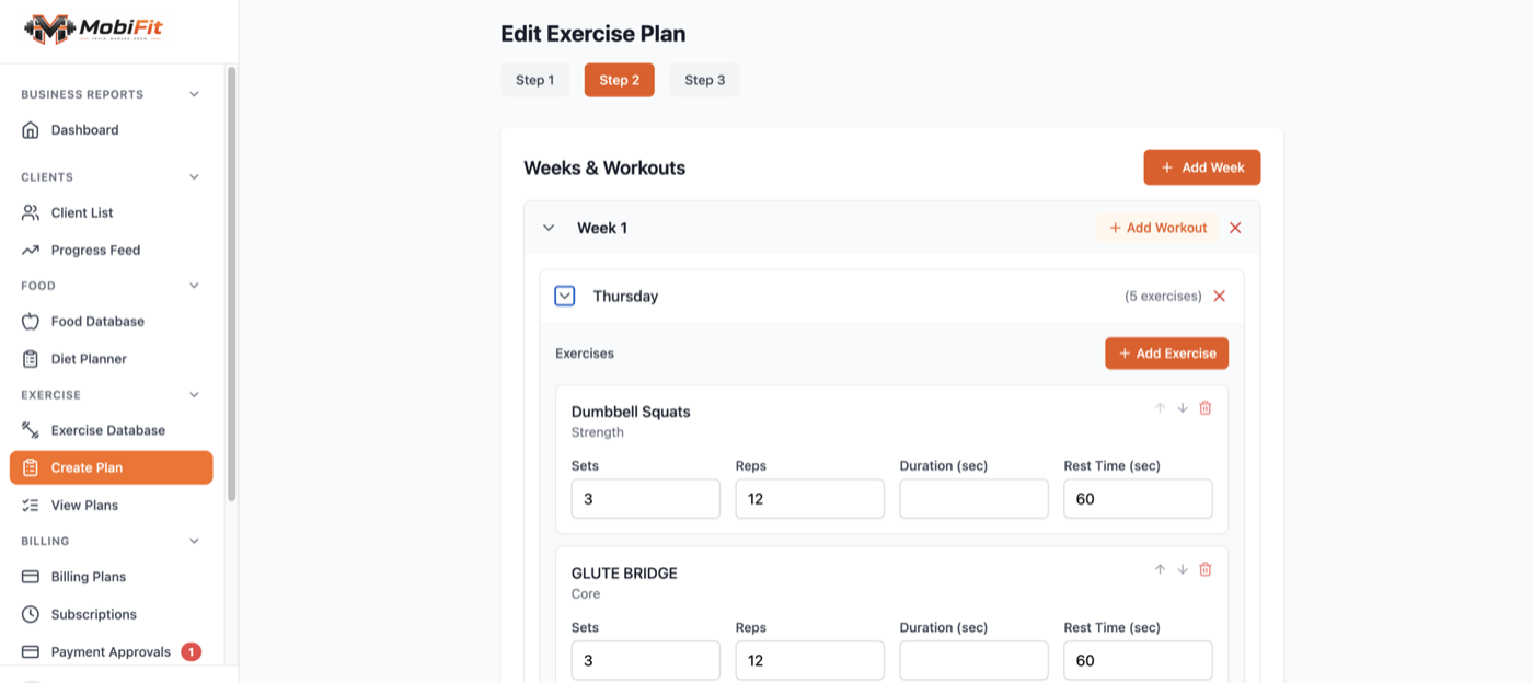 MobiFit workout plan builder screen showing sets, reps and rest times